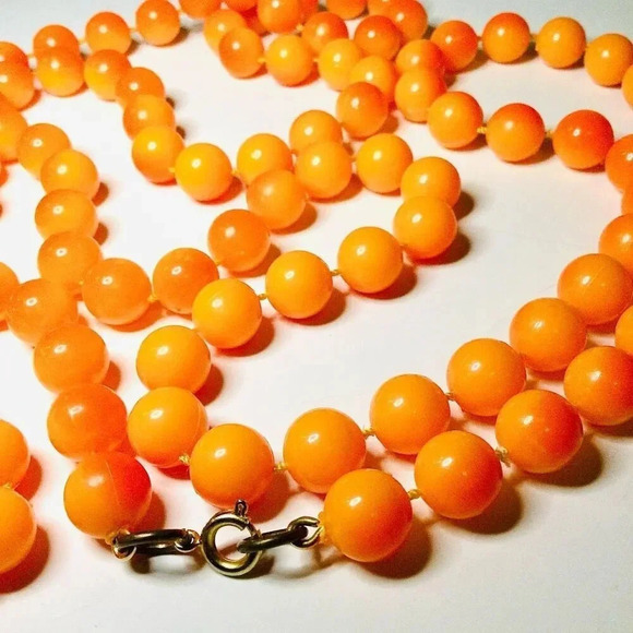 Vintage Womens Orange Round Beaded Single Strand Long Necklace Fashion Jewelry - Picture 4 of 7